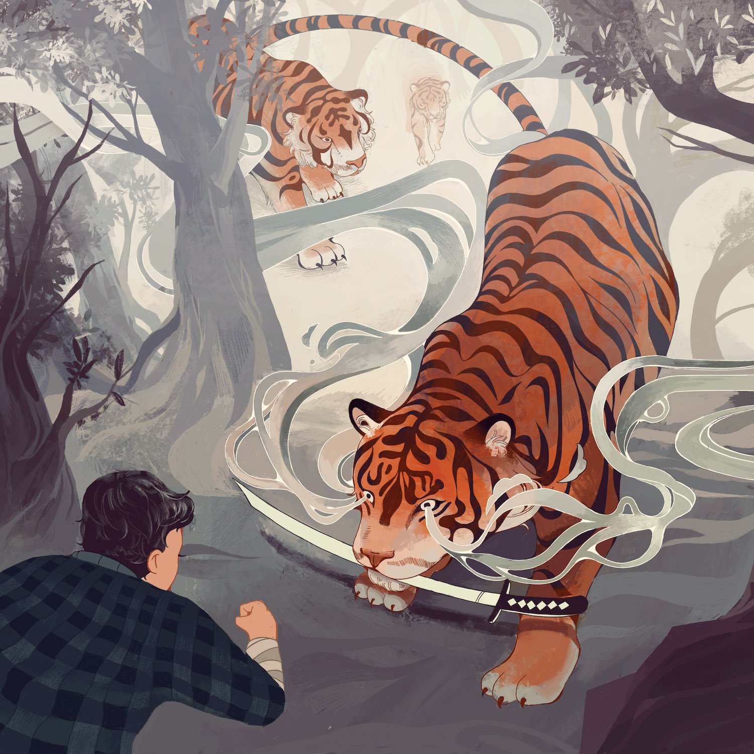 In a misty forest, a man in flannel assumes a fighting stance against a pack a tigers. The lead tiger has a katana in its mouth, and smoke wisps from its eyes.