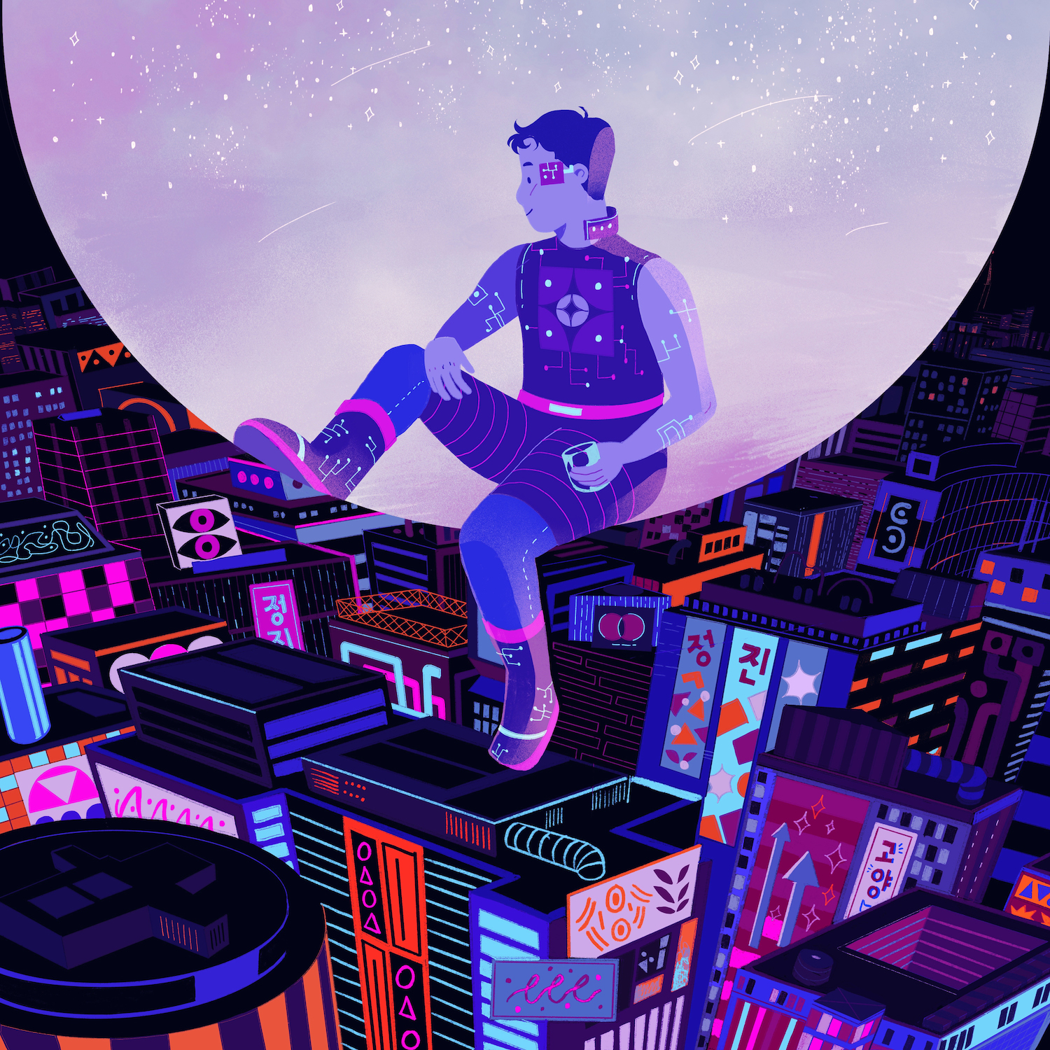 A cyborg with various embedded circuitry sits upon an abstract cradle with an old fashioned glass in hand. Below him, a neon city with Korean signage illuminates the night.